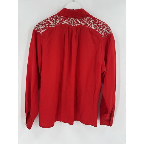 Vintage Della Roufogali Button Up Womens 14 Red Silver Western Rhinestone Silk - Picture 9 of 16